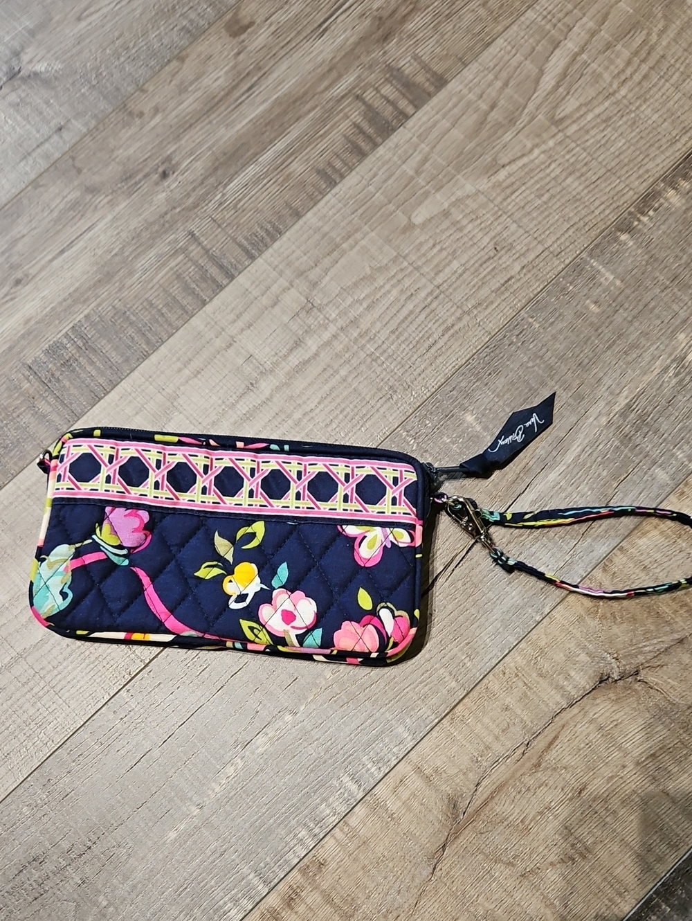 Vera Bradley Navy Quilted Floral Wristlet with Pink Trim